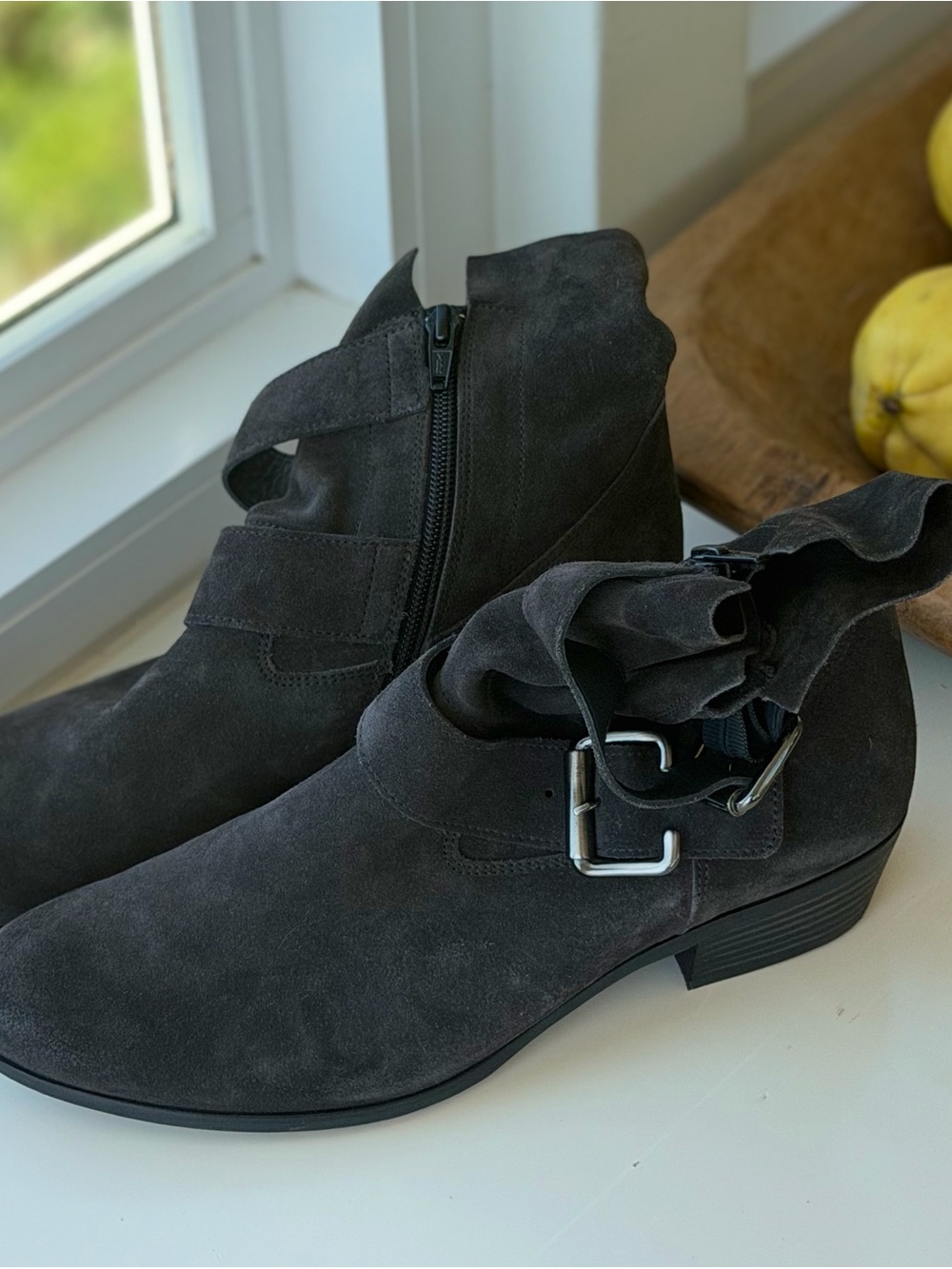 Paul Green Charcoal Suede Ankle Booties with Buckle Accent, US Size 8.5